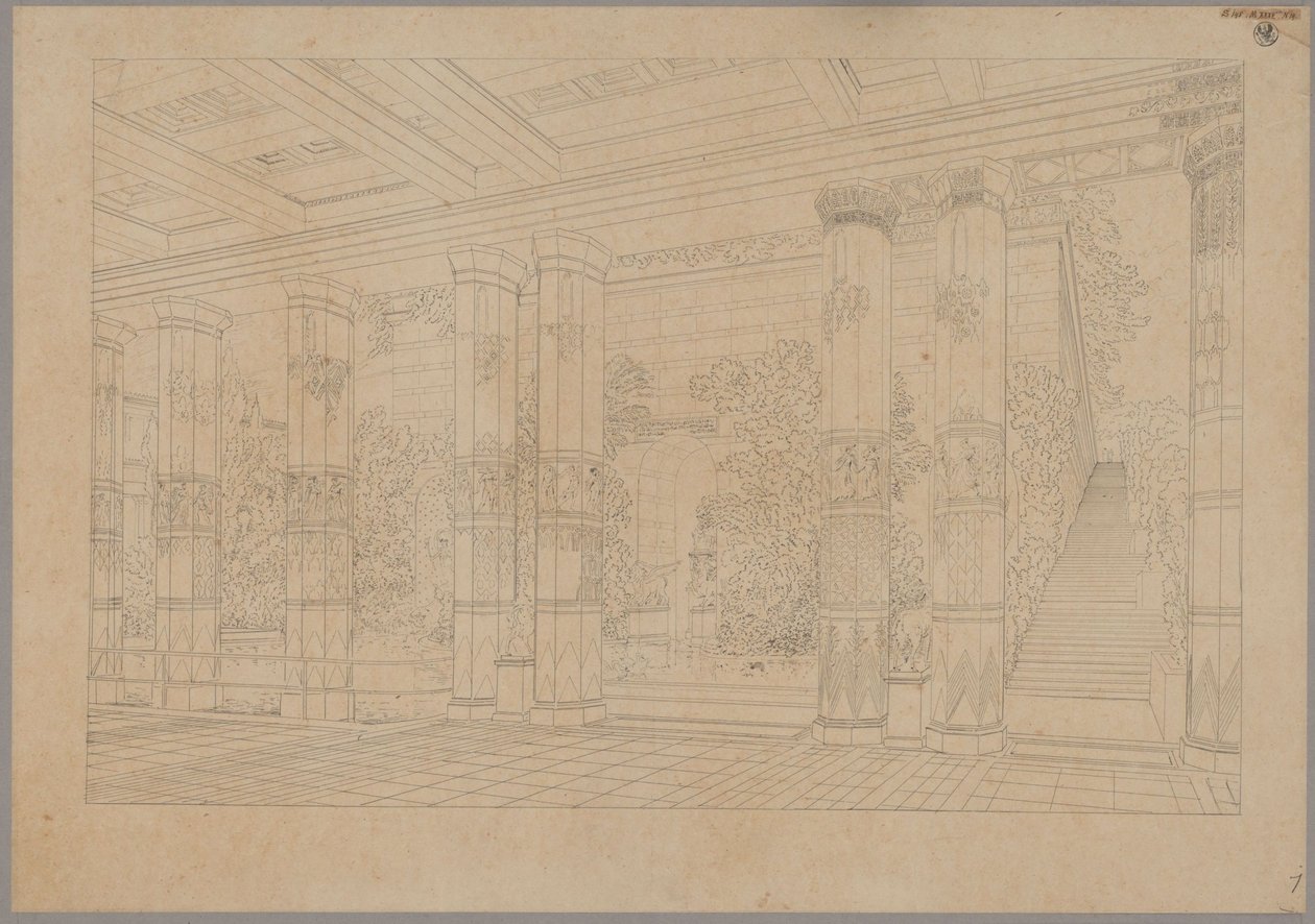 Palác Orianda na Krymu. Antický návrh. Perspektivní pohled na portikus císařského dvora s bazénem a muzeem od Karl Friedrich Schinkel
