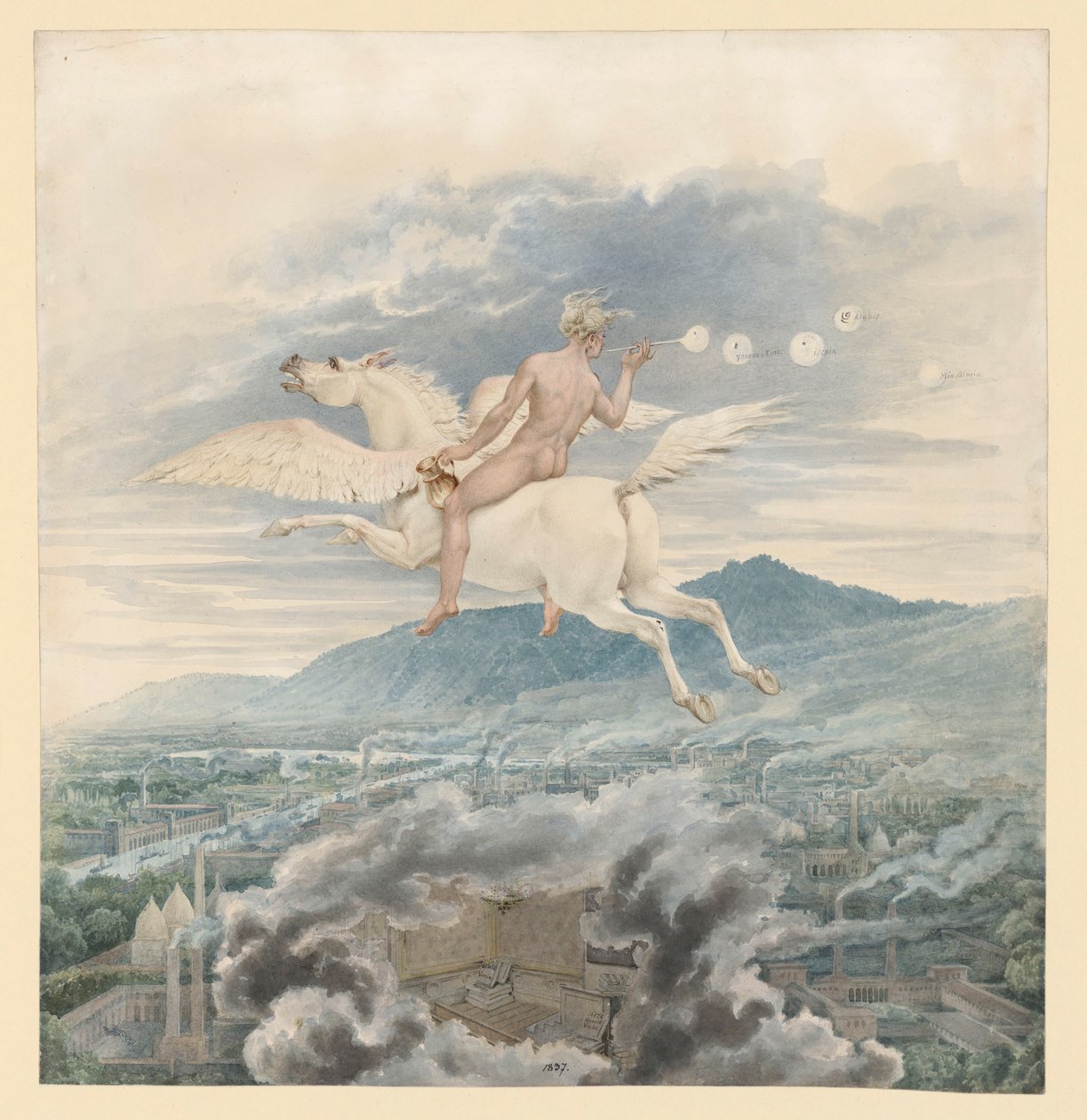 Ženská postava (foukačka mýdlových bublin) jako alegorie Christiana Petera Wilhelma Beutha, jedoucí na Pegasovi nad průmyslovým městem od Karl Friedrich Schinkel