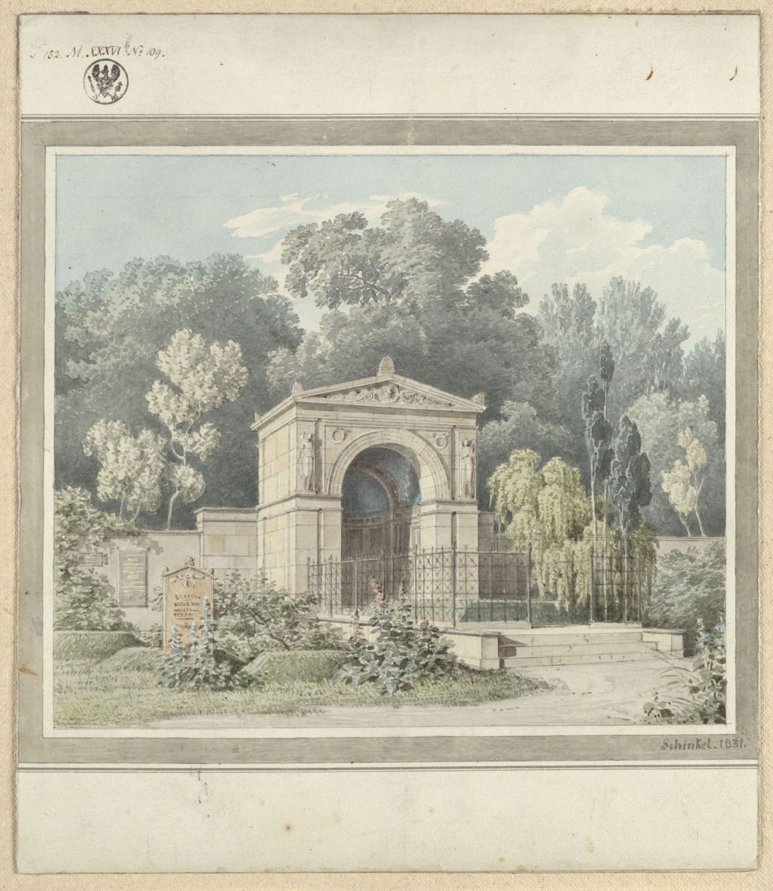 Zeitz. Návrh náhrobního pomníku pro Johanna Friedricha Delbrücka. Pohled od Karl Friedrich Schinkel
