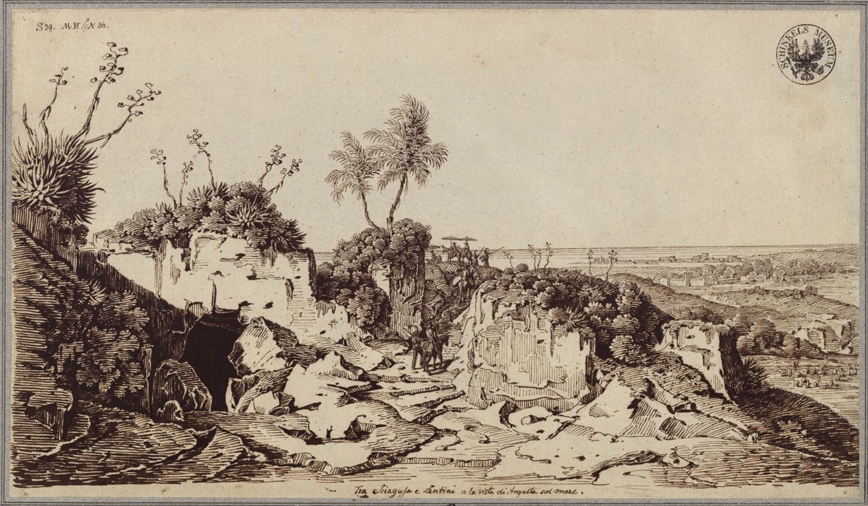 Mezi Syrakusami a Lentini s pohledem na Augustu a moře od Karl Friedrich Schinkel