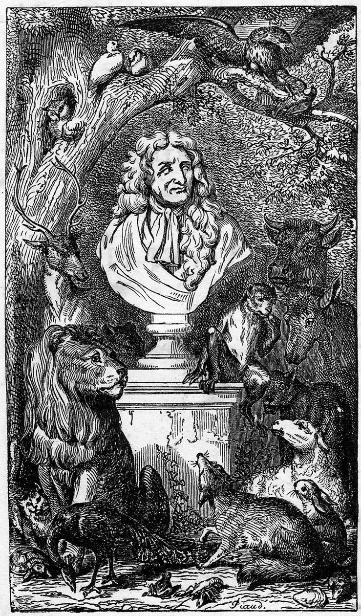 Alegorická busta Jean de La Fontaine, obklopená zvířaty; frontispis knihy Bajky de la Fontaine od Karl Girardet