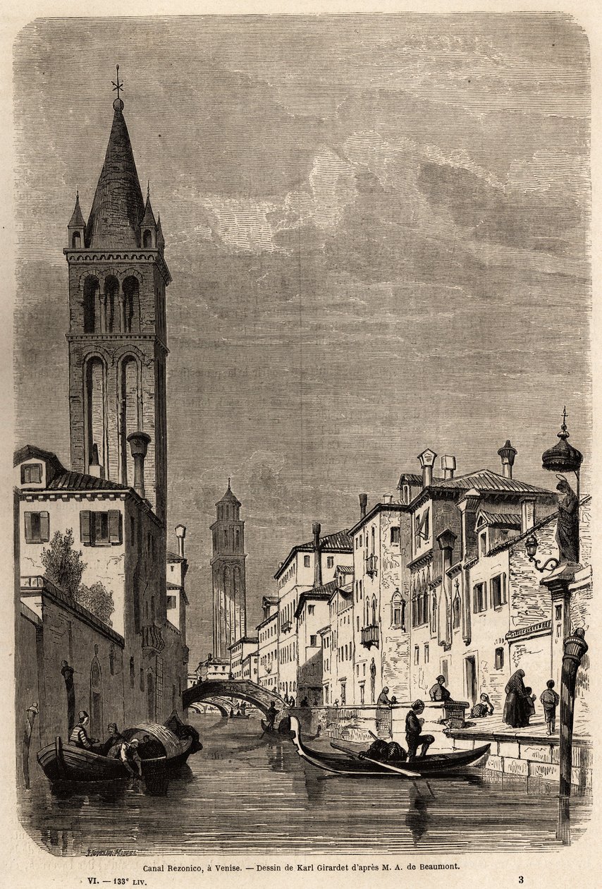 Kanál Rezonico, kresba Karla Girardeta (1813-1871), k ilustraci cesty Adalberta de Beaumonta do Benátek, kolem roku 1850. Rytina „“Le tour du monde“, editoval Edouard Charton od Karl Girardet