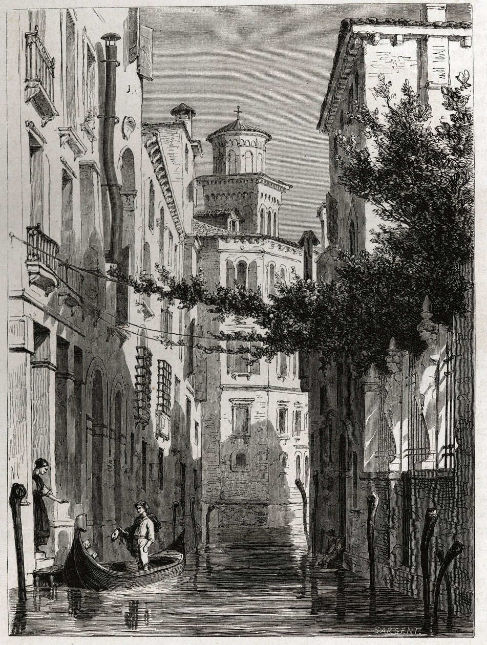 Palác Bianca Cappello ve Venezia, Benátky. kresba Karla Girardeta (1813-1871), k ilustraci cesty Adalberta de Beaumonta do Benátek kolem roku 1850. Rytina „“Le tour du monde“, editoval Edouard Charton od Karl Girardet