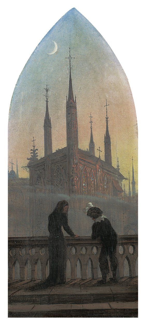 Lidé ve starých německých šatech v rozjímání o středověkém městě od Karl Gustav Carus