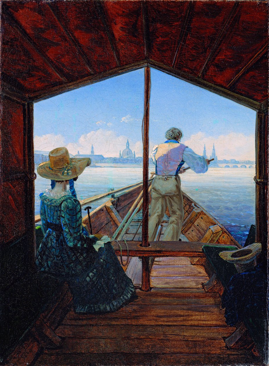 Výlet lodí ""Časné ráno na Labi"" po Labi u Drážďan (Výlet na člunu po Labi u Drážďan (Ráno na Labi) Obraz Carl Gustav Carus (1789-1869) Olej na plátně 1827 Rozměr 29x22 cm Museum Kunstpalast, Düsseldorf od Karl Gustav Carus