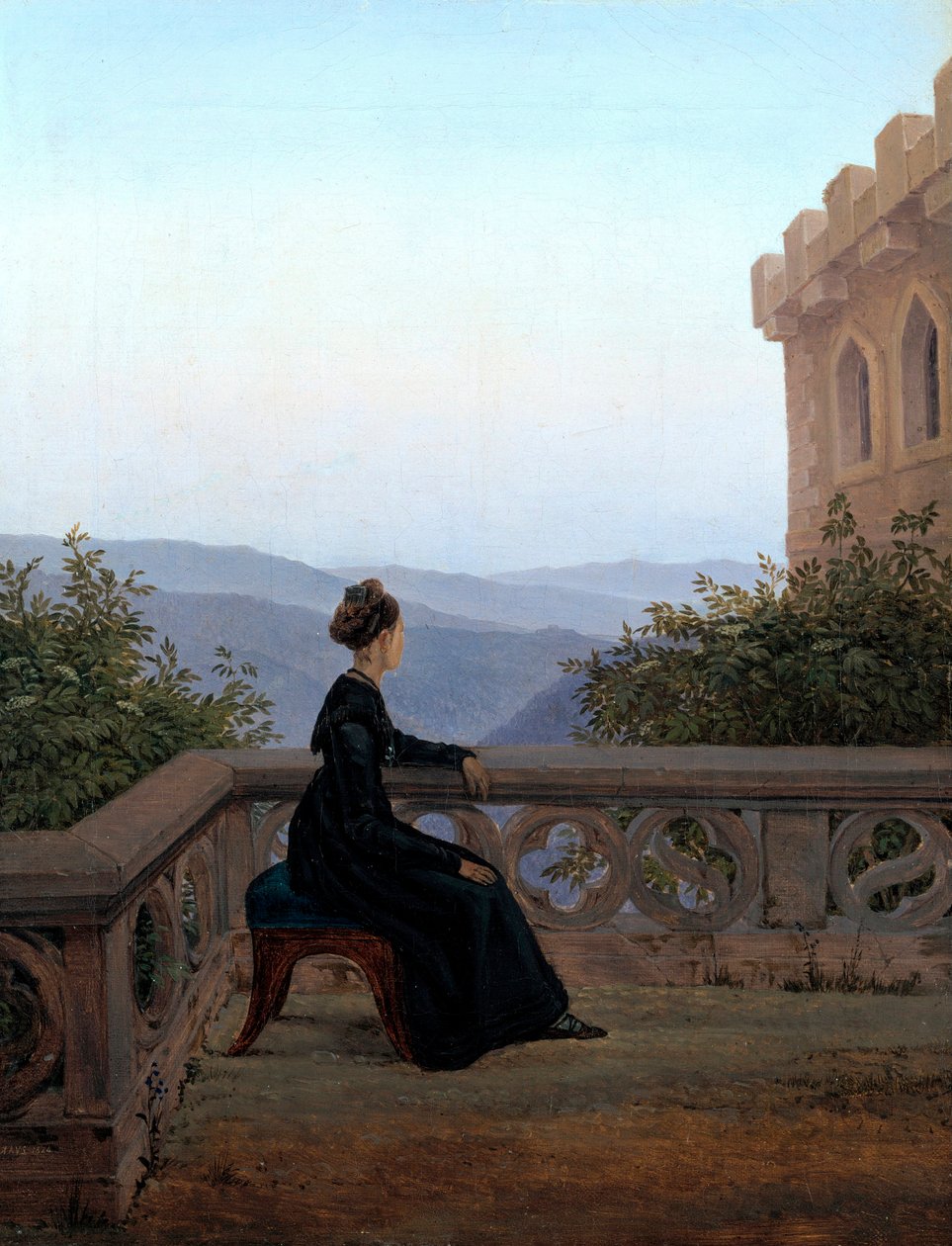 ""Portrét ženy na terase"" (Žena na balkóně) Obraz Carl Gustav Carus (1789-1869) Olej na plátně 1824 Rozměr 42x32 cm Státní umělecká galerie, Drážďany od Karl Gustav Carus