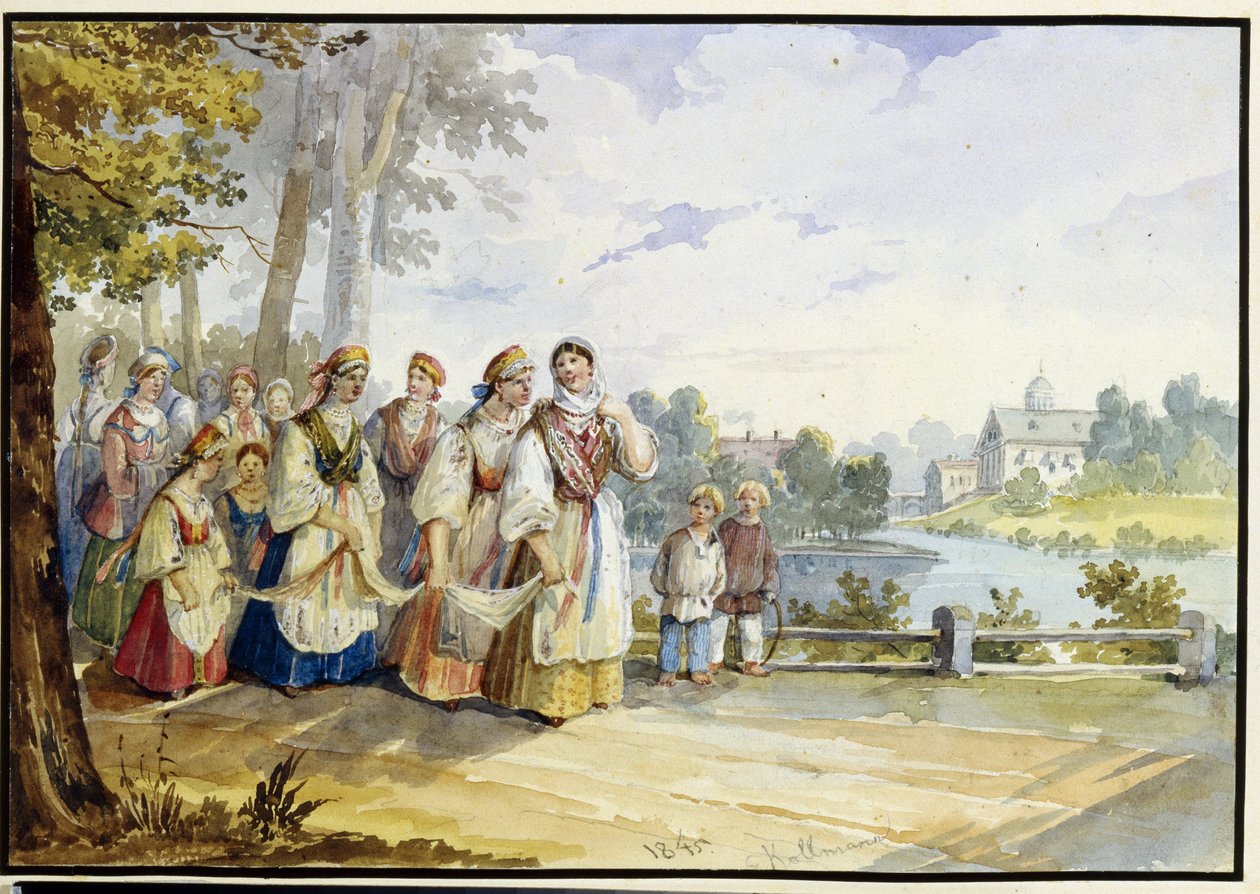 Ruské selské dívky s festivalovými šaty. Dílo Karla Ivanoviče Kolmanna (1786-1846), akvarel na kartonu od Karl Ivanovich Kolmann