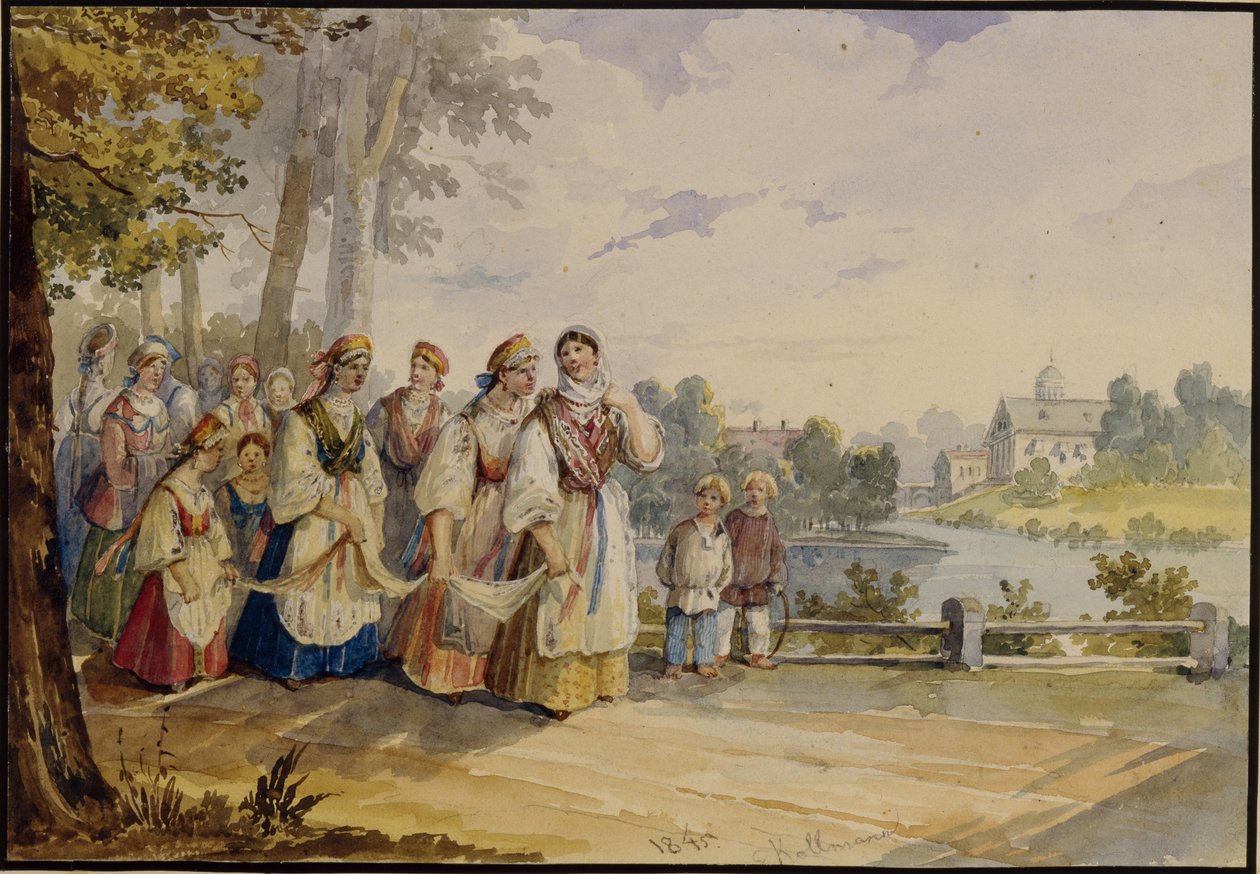Ruské rolnické dívky s festivalovými šaty, 1845 od Karl Ivanovich Kolmann