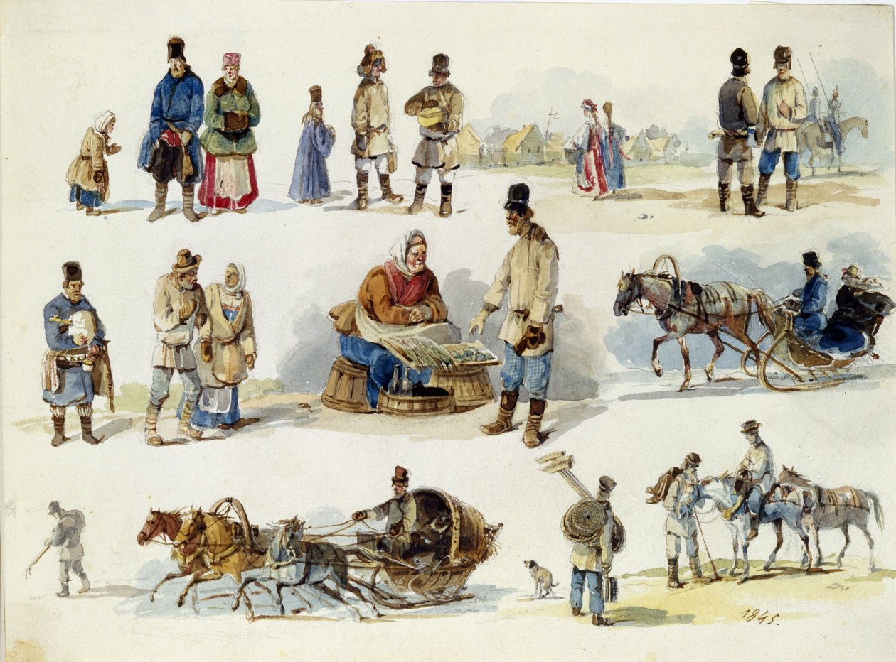 Ruské lidové typy. (Lidové typy Ruska). Dílo Karla Ivanoviče Kolmanna (1786-1846), akvarel na kartonu od Karl Ivanovich Kolmann