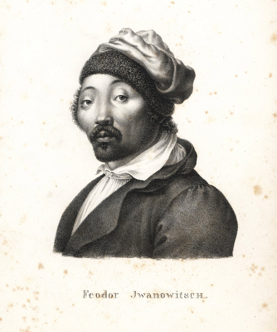 Feodor Jwanowitsch, kalmycký nomád unesený Rusy, který se později stal malířem a mědirytcem. Litografie Karla Josepha Brodtmanna z Ilustrované přírodní historie lidí a zvířat Heinricha Rudolfa Schinze od Karl Joseph Brodtmann