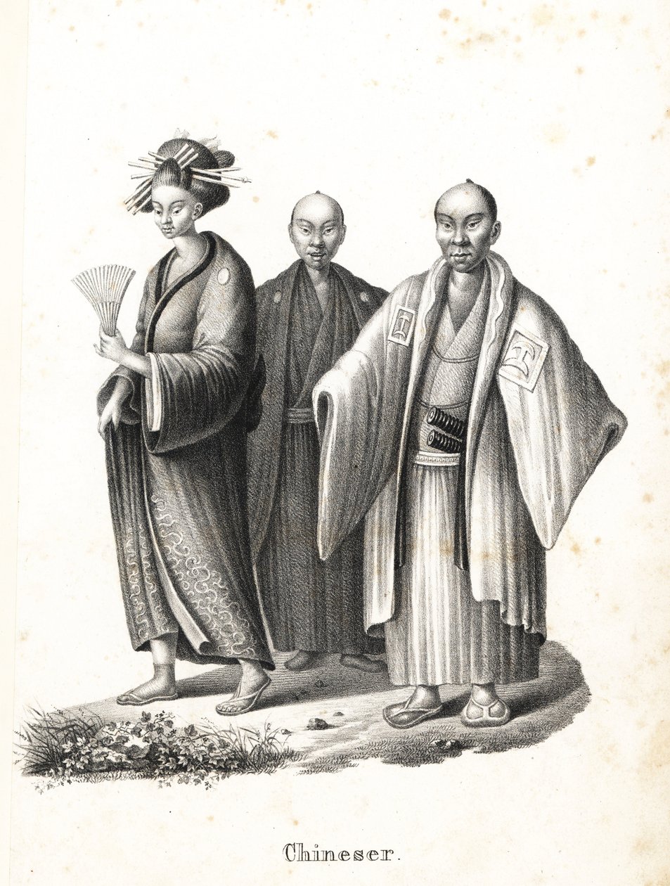 Japonský oiran a samuraj. Japonská kurtizána v kimonu s vějířem a ozdobami do vlasů a dva japonští samurajové v účesu chonmage nosí montsuki přes hakamu se dvěma meči (katana) v opasku. (Nazván Číňan omylem.) Litografie Karla Josepha od Karl Joseph Brodtmann