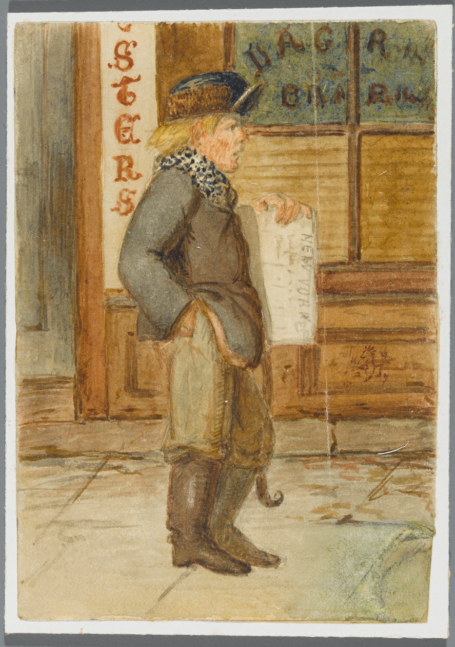 Newspaper Boy, 1864 (wc nad černým mediálním podkresem) od Karl L.H. Mueller