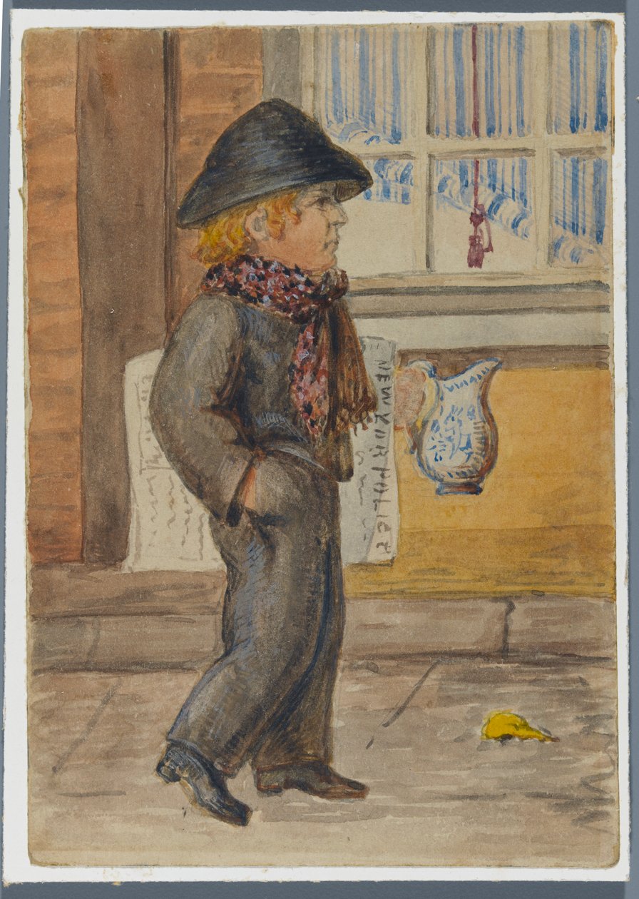 Police Gazette Newspaper Boy, 1864 (wc nad černým mediálním podkresem) od Karl L.H. Mueller