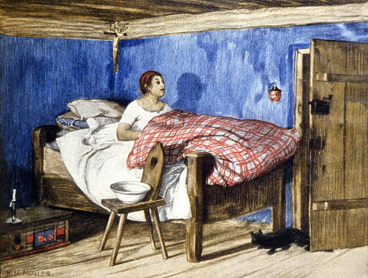 Kočka navštěvující ženu v její ložnici, začátek 20. století (ilustrace) od Karl L. H. Müller