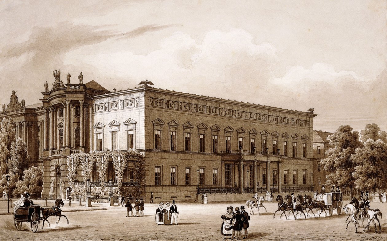 Unter den Linden, Berlín. Palác prince Wilhelma, postavený Karlem Langhansem v letech 1834-36, a Královská knihovna, postavená Georgem Christianem Ungerem v letech 1775-78 podle plánů Josefa Emanuela Fischera von Erlach, s výhledem na Platz am Opernhaus, od Karl Loeillot Hartwig