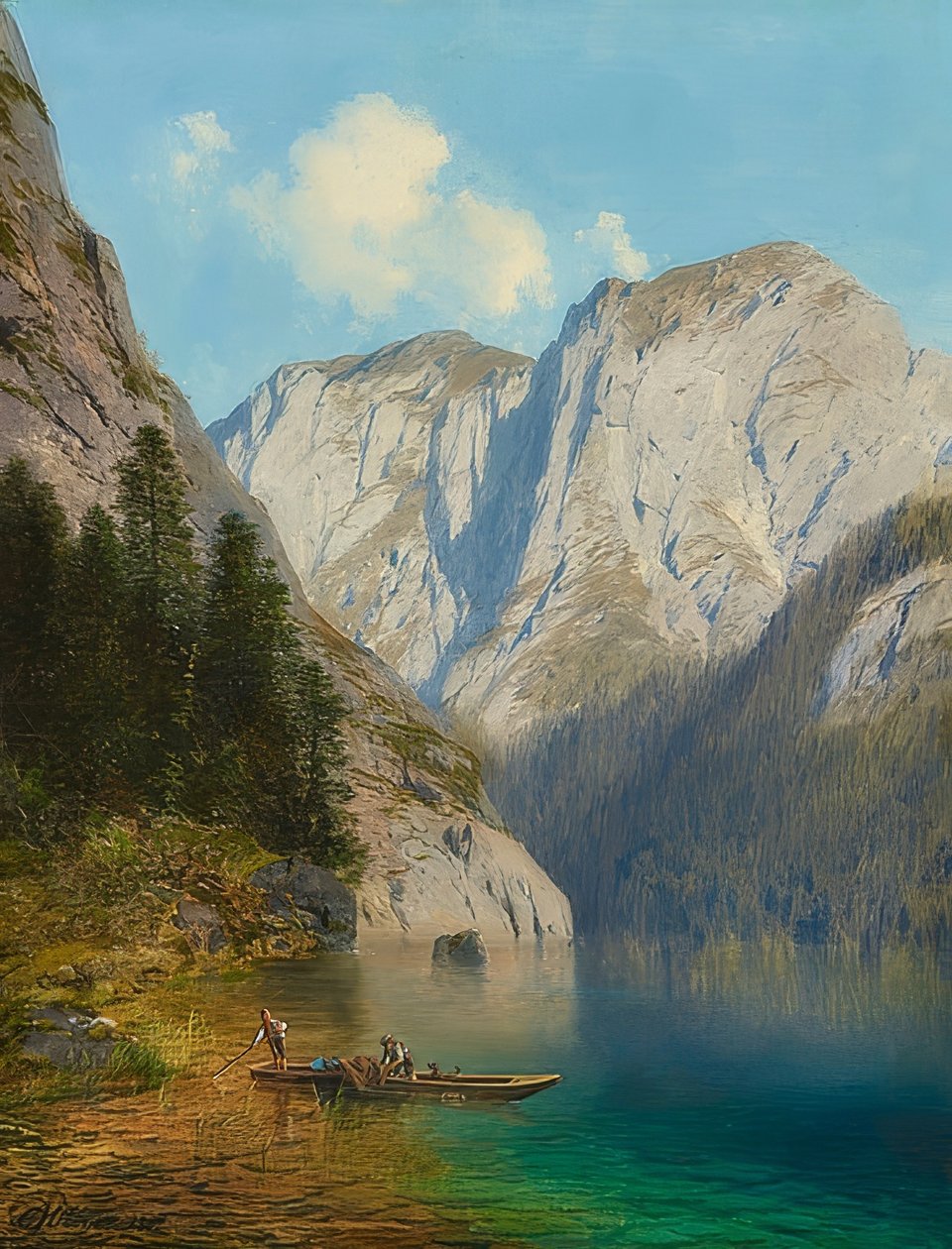Rybáři v lodi na břehu horského jezera. 1882 od Karl Millner