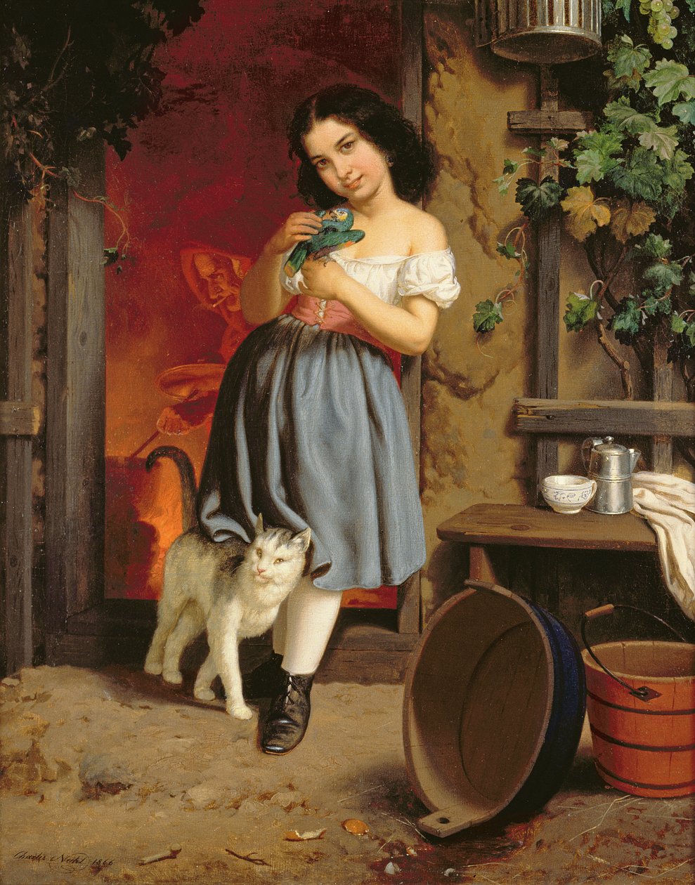 Mladá dívka s kočkou, 1866 olej na plátně od Karl Nahl