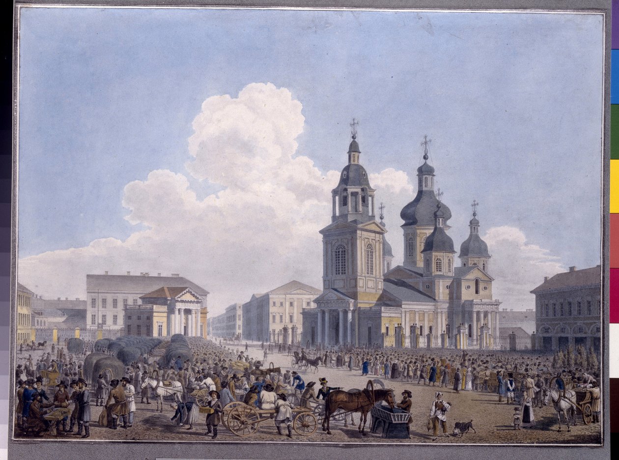 Hay Market Place a Kostel Nanebevzetí Panny Marie v Petrohradě. Dílo Karla Petroviče Beggrova (1799-1875), akvarel na papíře od Karl Pavlovich Beggrov