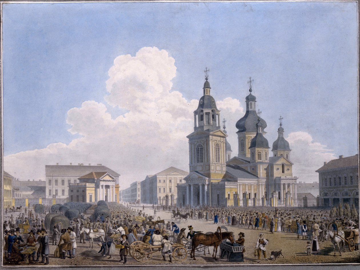 Hay-market Place a kostel Nanebevzetí Panny Marie v Petrohradě - dílo Karla Petroviče Beggrova (1799-1875), akvarel na papíře (10,3x15 ,1 cm), 1820-1830 - State Russi od Karl Pavlovich Beggrov