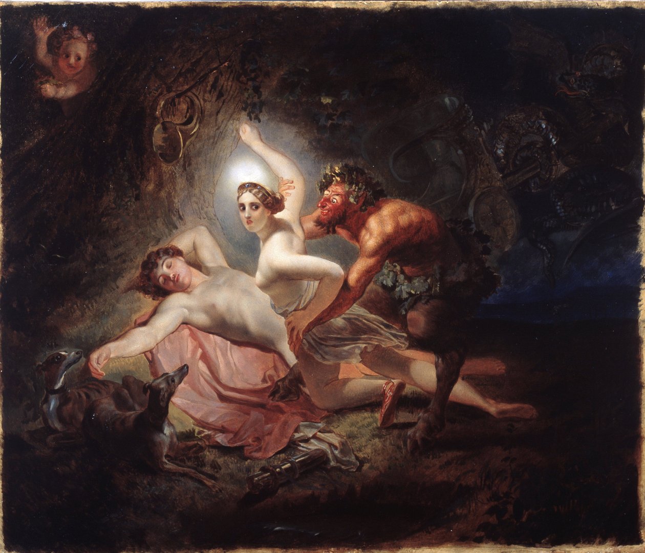 Diana, Endymion a Satyr (Diana, Endymion a Satyr) - Malba Karla Pavloviče Briullova (Briullov) (1799-1852), olej na kartonu od Karl Pavlovich Bryullov