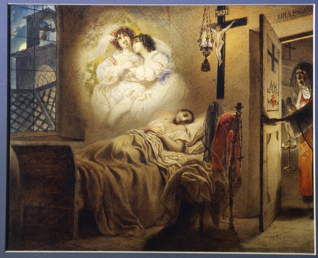 Noční můra jeptišky (Noční můra jeptišky). Mladá spící jeptiška sní o milostném románku, zatímco matka představená otevírá dveře její cely. Dílo Karla Pavloviče Briullova (Briullova) (1799-1852), akvarel na kartonu od Karl Pavlovich Bryullov