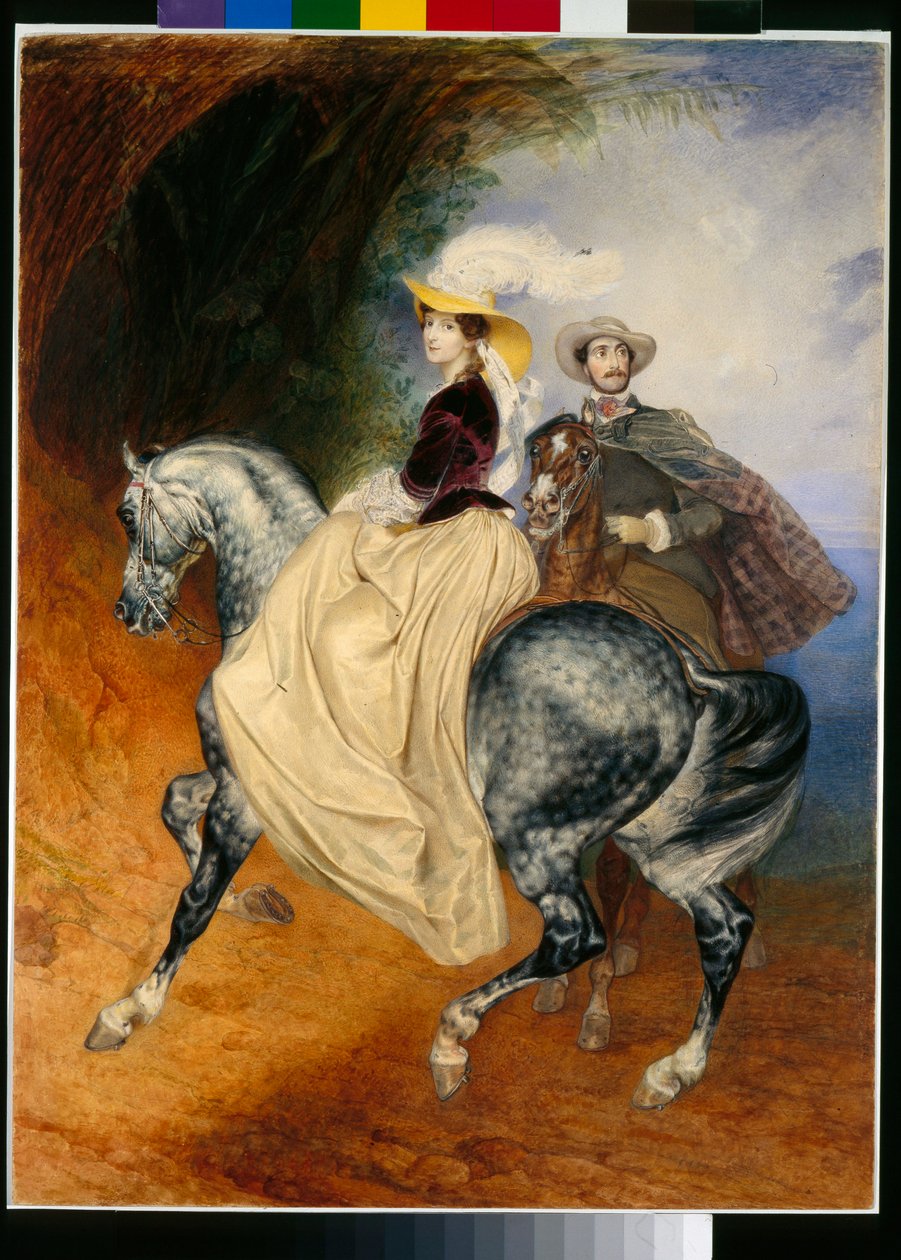 Jezdci: portréty Eugena Mussarda (asi 1814-1896) a jeho manželky Emilie (asi 1832-1896) - Dílo Karla Pavloviče Briullova (Brioullov) (1799-1852) od Karl Pavlovich Bryullov