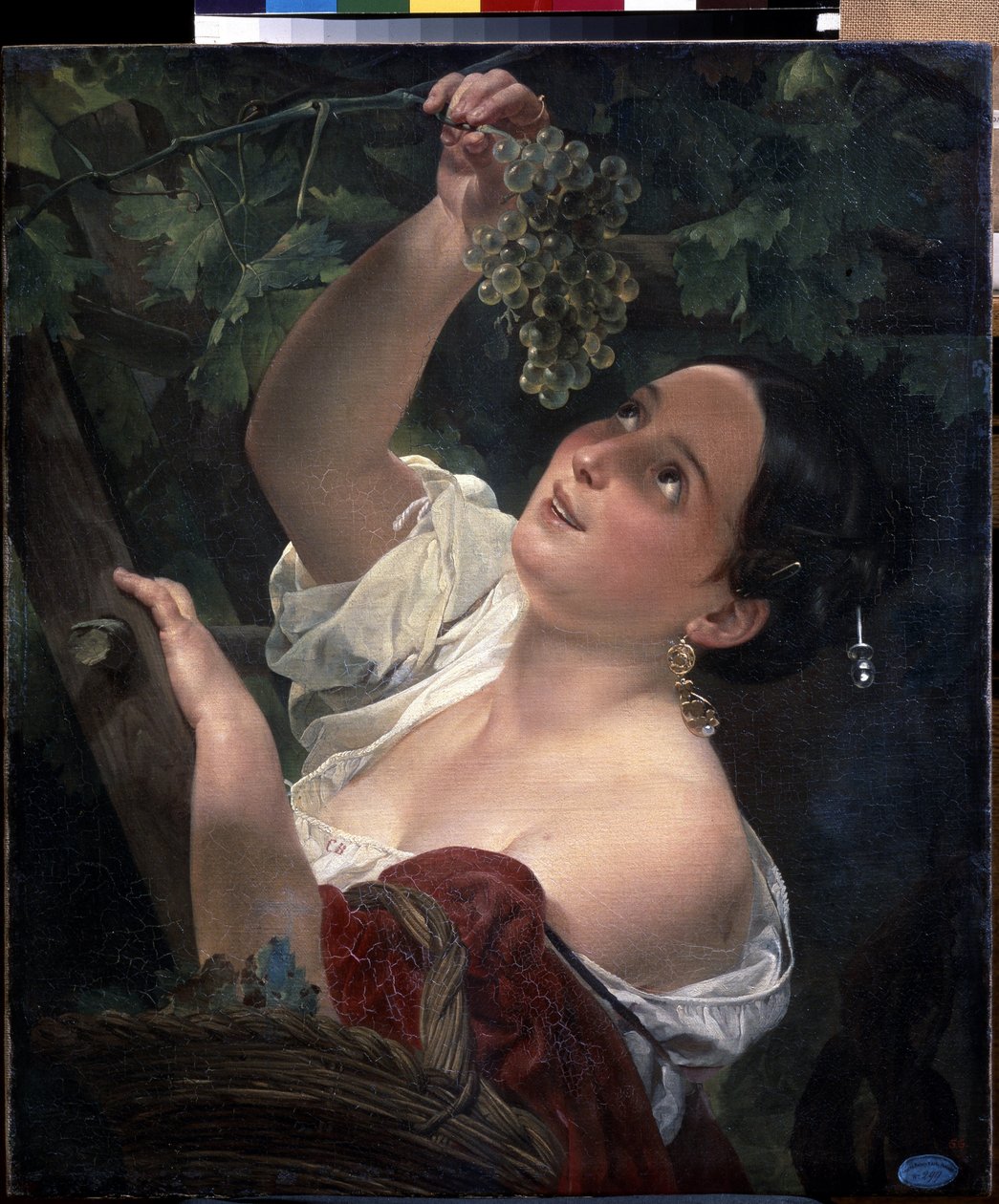 Středoitalský den (italské poledne). Mladá žena, odhalené rameno, sbírá hrozen - Malba Karla Pavloviče Briullov (Briullov) (1799-1852) - olej na plátně od Karl Pavlovich Bryullov
