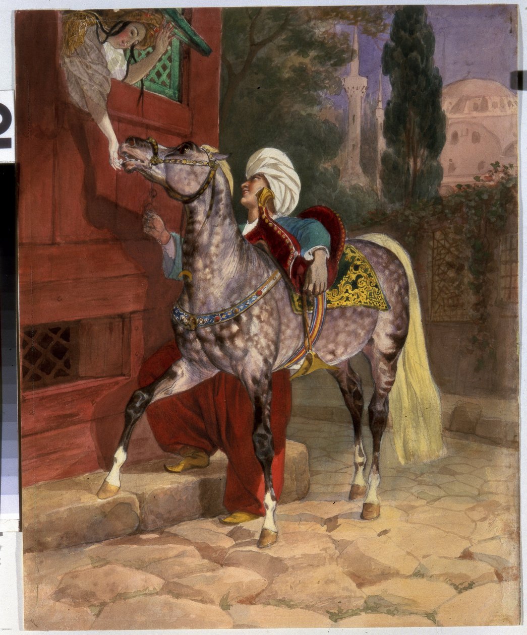 Setkání v Konstantinopoli (nyní Istanbul, Turecko). Mladý muž v turbanu si namlouvá mladou dívku, která se vyklání z okna, aby svému koni nabídla cukr. V pozadí bazilika a mešita svaté Sofie. Kresba Karla Pavloviče od Karl Pavlovich Bryullov