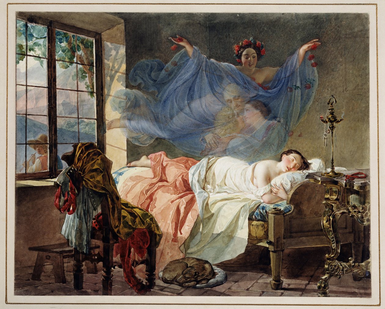Sny mladé dívky za svítání - Dílo Karla Pavloviče Briullova (Briullov) (1799-1852) - Akvarel na kartonu od Karl Pavlovich Bryullov