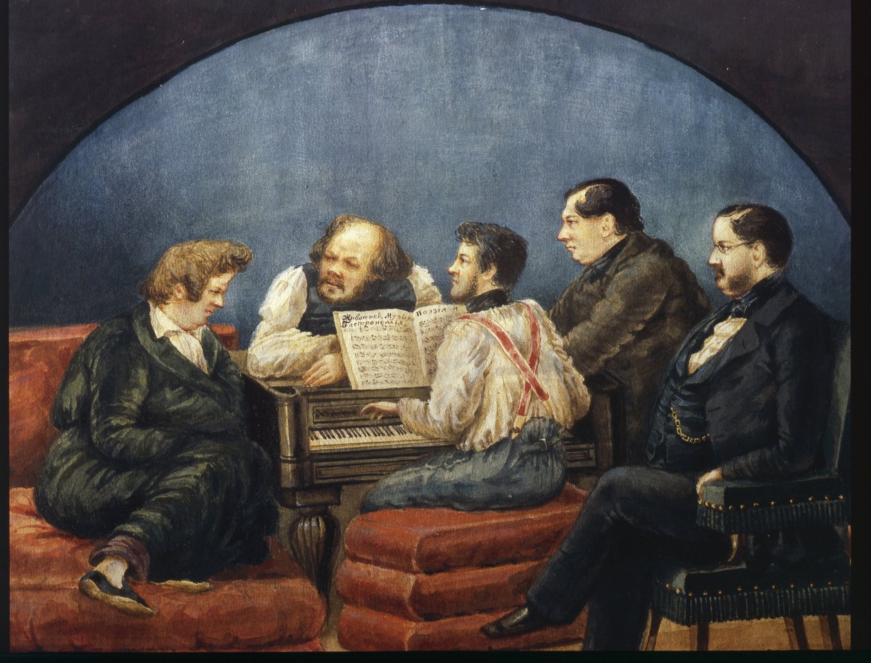 Skladatel Michail I Glinka a jeho přátelé (Skupinový portrét K Briullov, M Glinka, Y Yanenko, N Kukolnik) od Karl Pavlovich Bryullov