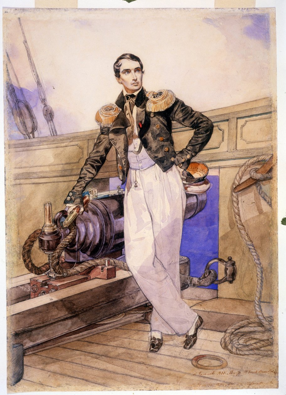 Vladimir Alekseevič Kornilov 1806-1854) na palubě brigy Themistocle. (Vladimir Alexejevič Kornilov na palubě brigy Themistocles). Námořní důstojník a náčelník štábu Černomořské flotily, hrdina krymské války (1853-1856), stojí od Karl Pavlovich Bryullov