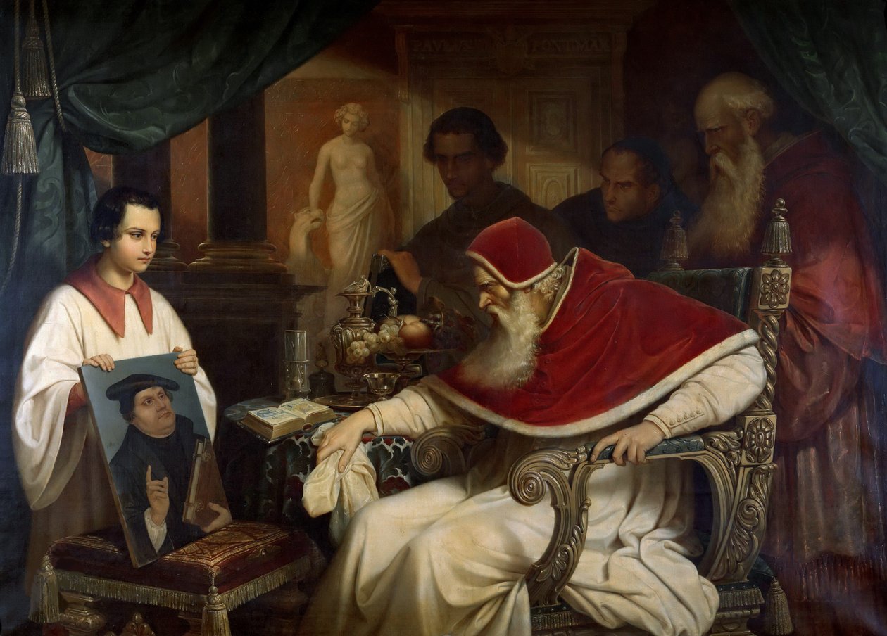 Papež Pavel III. 1468-1549 prohlížel Cranachův portrét Luthera, 1838-1839. od Karl Schorn