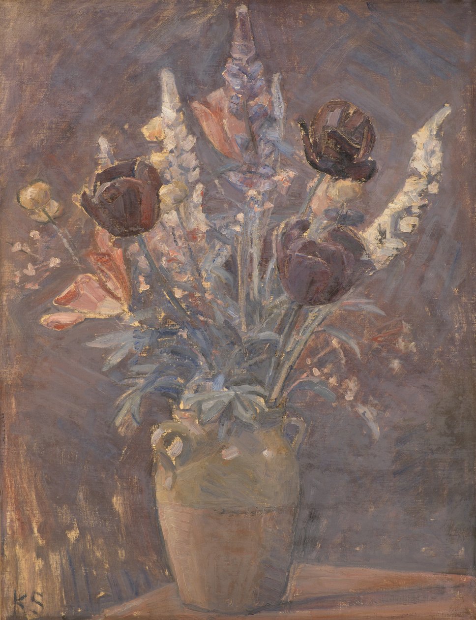 Hliněná váza s tulipány a jinými květinami od Karl Schou