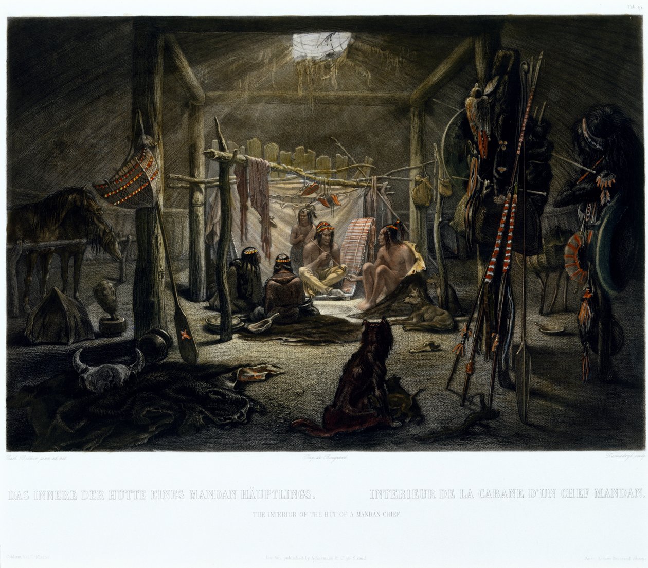 Interiér chatrče Mandanského náčelníka, vyryl Narcisse Edmond Desmadryl (nar. 1801) kolem roku 1835 (rytina s akvatintou) od Karl after Bodmer