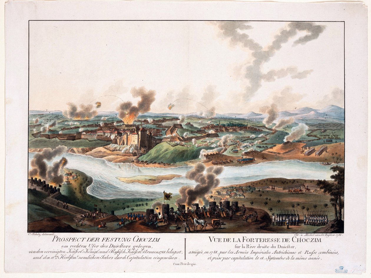 Obléhání Chotyně (Chocim, Chotyn, Hotin, Choczim ou Khotine, Ukrajina) v roce 1788 - Schuetz, Carl (1745-1800) - 1788 - Mědirytina, akvarel - 36,6x48,3 - Soukromá sbírka od Karl von (after) Schutz