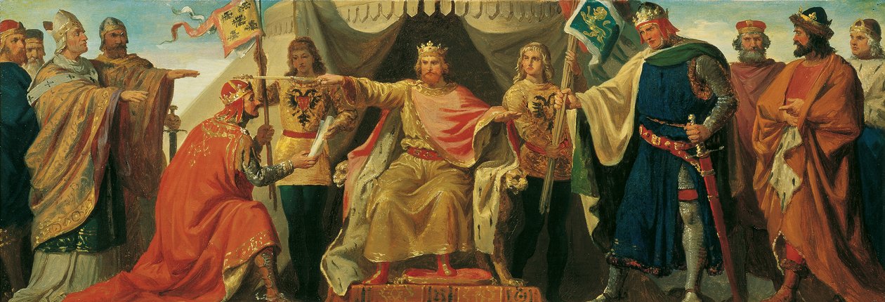 Friedrich Barbarossa poráží Heinricha Jasomirgotta a lva Heinricha od Karl von Blaas