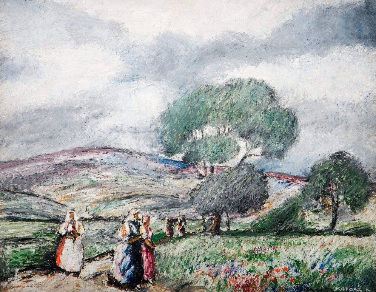 Bouřlivá krajina s modrými a červenými postavami, 1940. od Karoly Kotasz