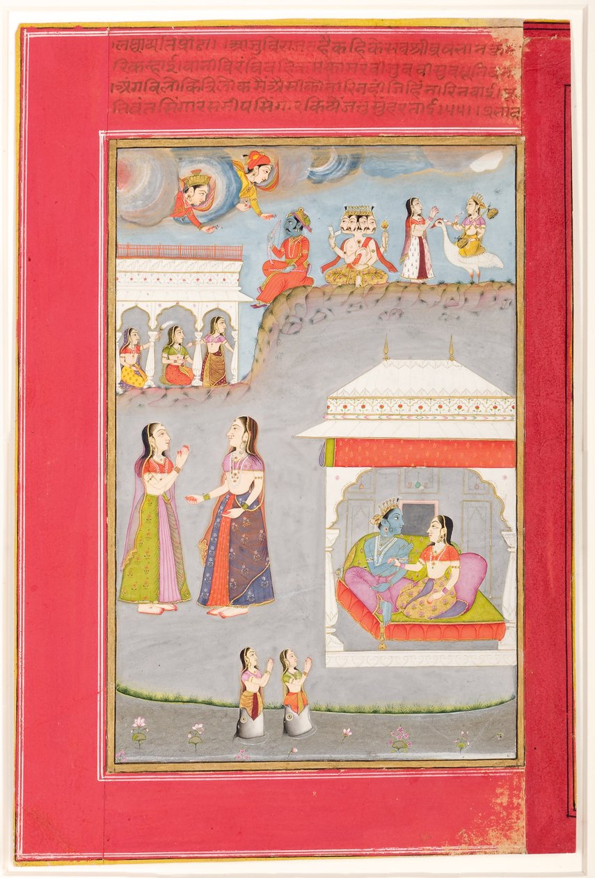 Labdhapraudha Nayika: Milenci v pavilonu, Kama, Brahma a Sarasvati nahoře, 1750 (neprůhledné wc a zlato na papíře) od Kassam
