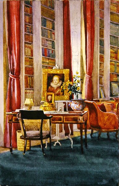 Library, Althorp, Northamptonshire, cca 1890 (akvarel na papíře) od Kate Barnard