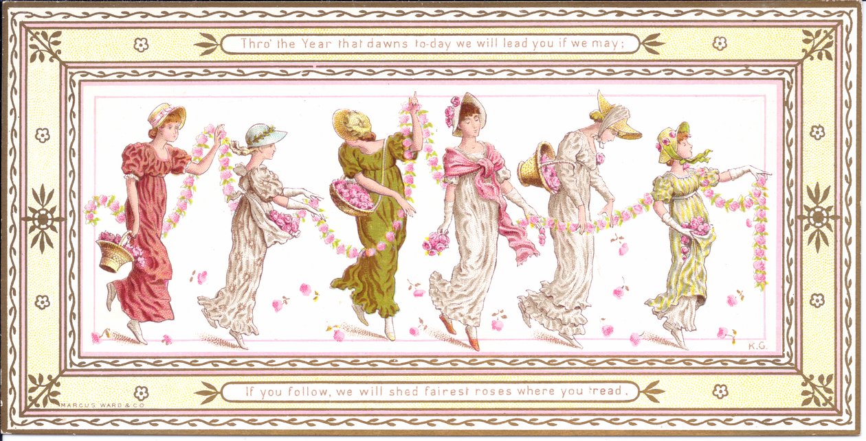 Viktoriánské přání dítěte se žlutým šátkem kolem krku, kolem roku 1880 od Kate Greenaway