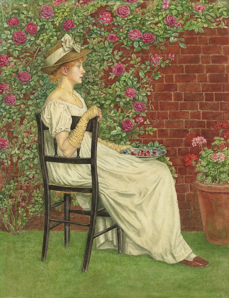 Mladá dívka sedící na židli, v ruce mísa třešní, od Kate Greenaway