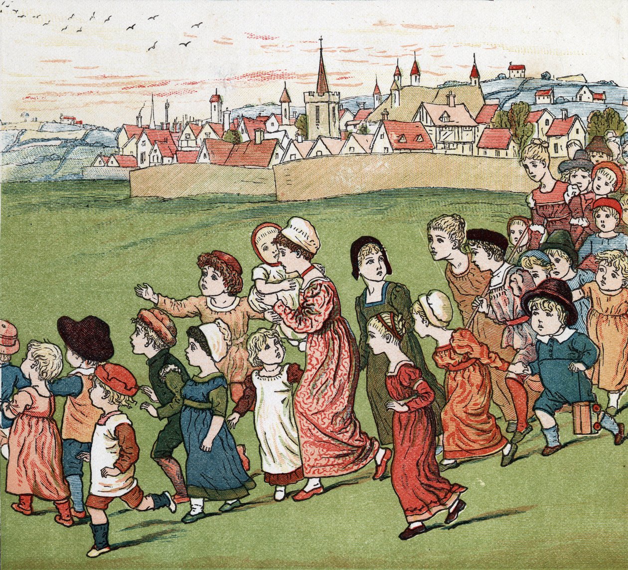 Dav matek a dětí prchající z vesnice. Ilustrace Kate Greenaway (1846-1901) z knihy pohádek a dětských říkanek pro děti „Pod oknem“ (1879), kterou upravil Edmund Evans. od Kate Greenaway
