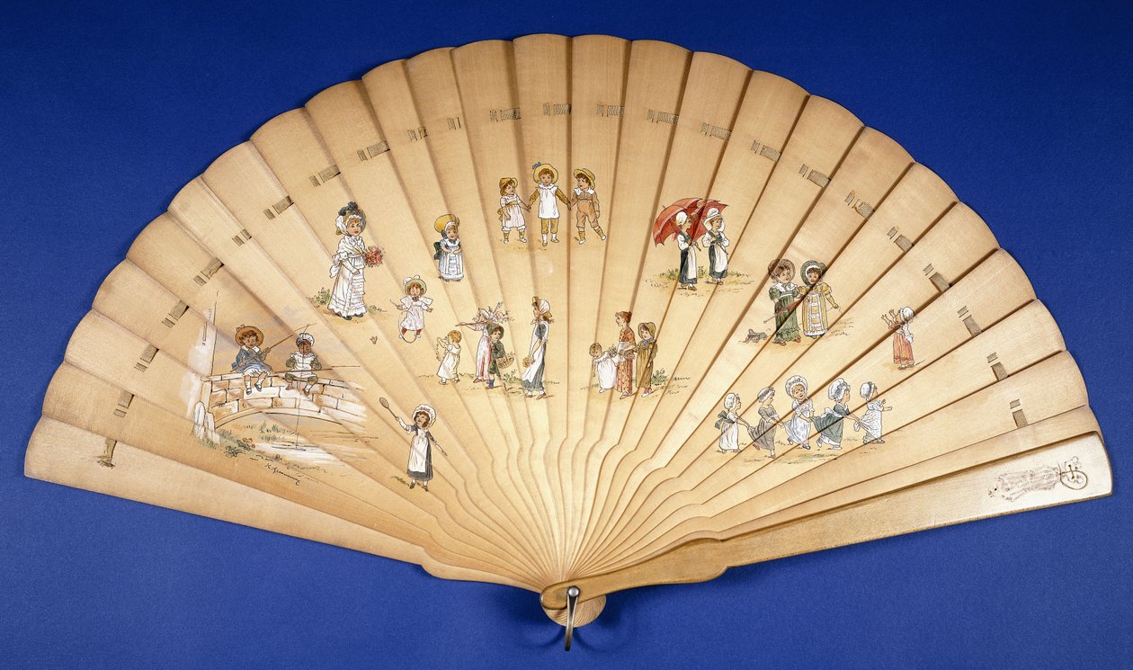 Velký dřevěný vějíř Brise malovaný v barvách se skupinami dětí při různých činnostech, od Kate Greenaway