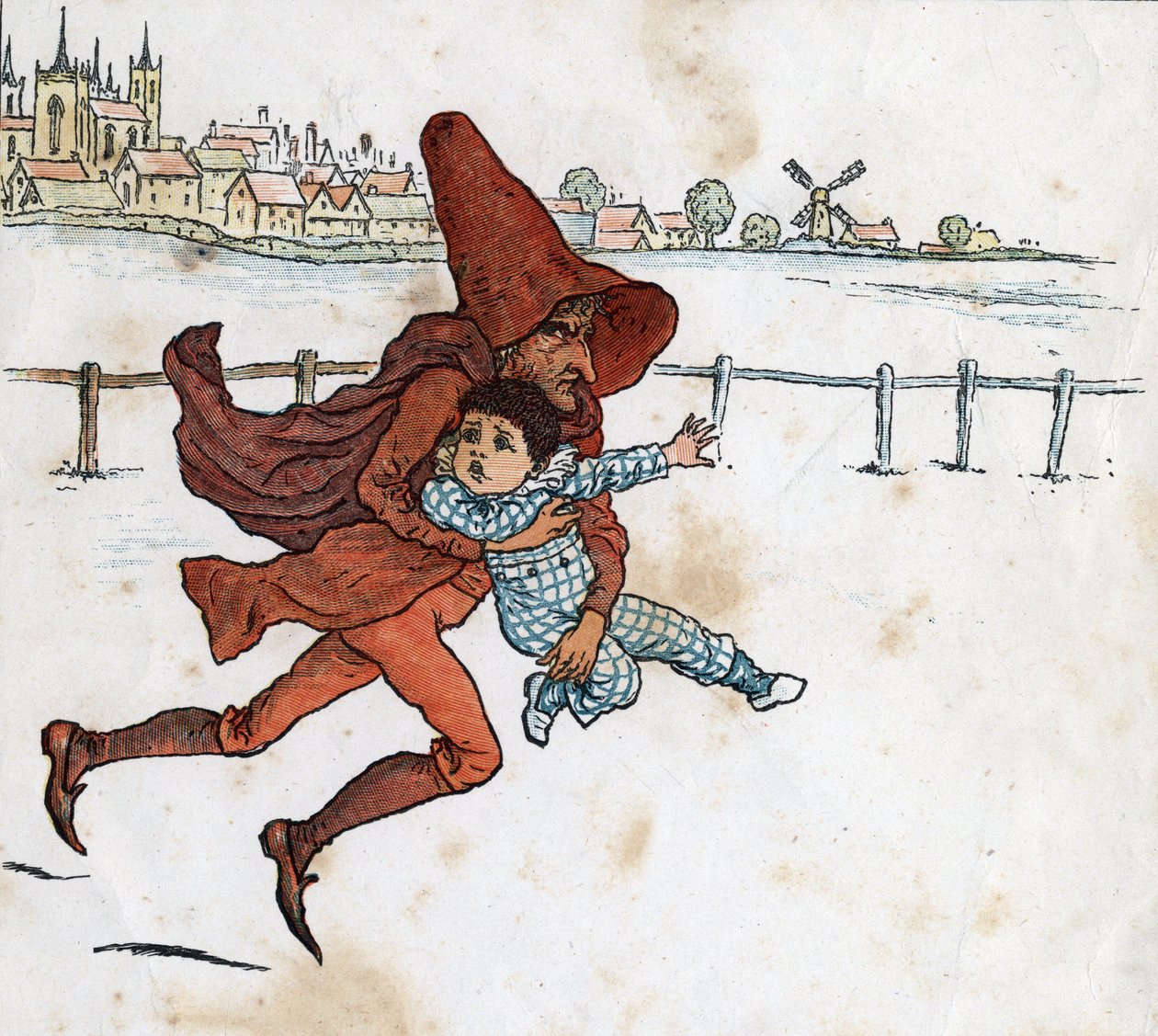 Skřítek si vezme malé dítě. Ilustrace Kate Greenaway (1846-1901) z dětské pohádkové knížky „Pod oknem“ (1879), kterou upravil Edmund Evans. od Kate Greenaway