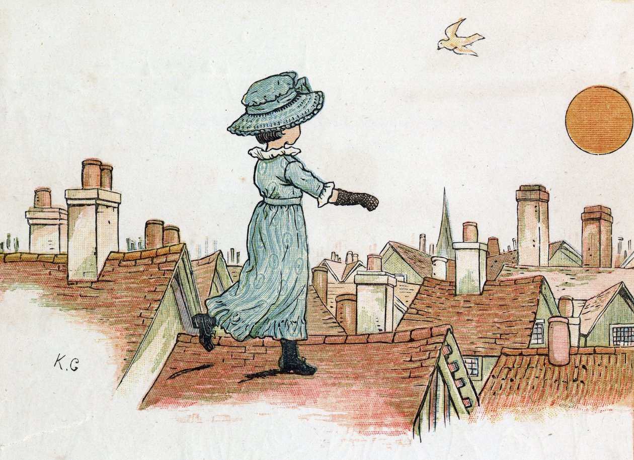 Malá holčička chodící po střechách města v časných ranních hodinách směrem ke slunci. Ilustrace Kate Greenaway (1846-1901) z knihy pohádek a říkanek pro děti „Pod oknem“ (1879), kterou upravil Edmund Evans. od Kate Greenaway
