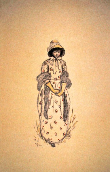 Dívka ve vystrčené čepici a šálu od Kate Greenaway