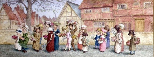 Průvod šestnácti dětí nesoucích květiny, cca 1876 (akvarel na papíře) od Kate Greenaway