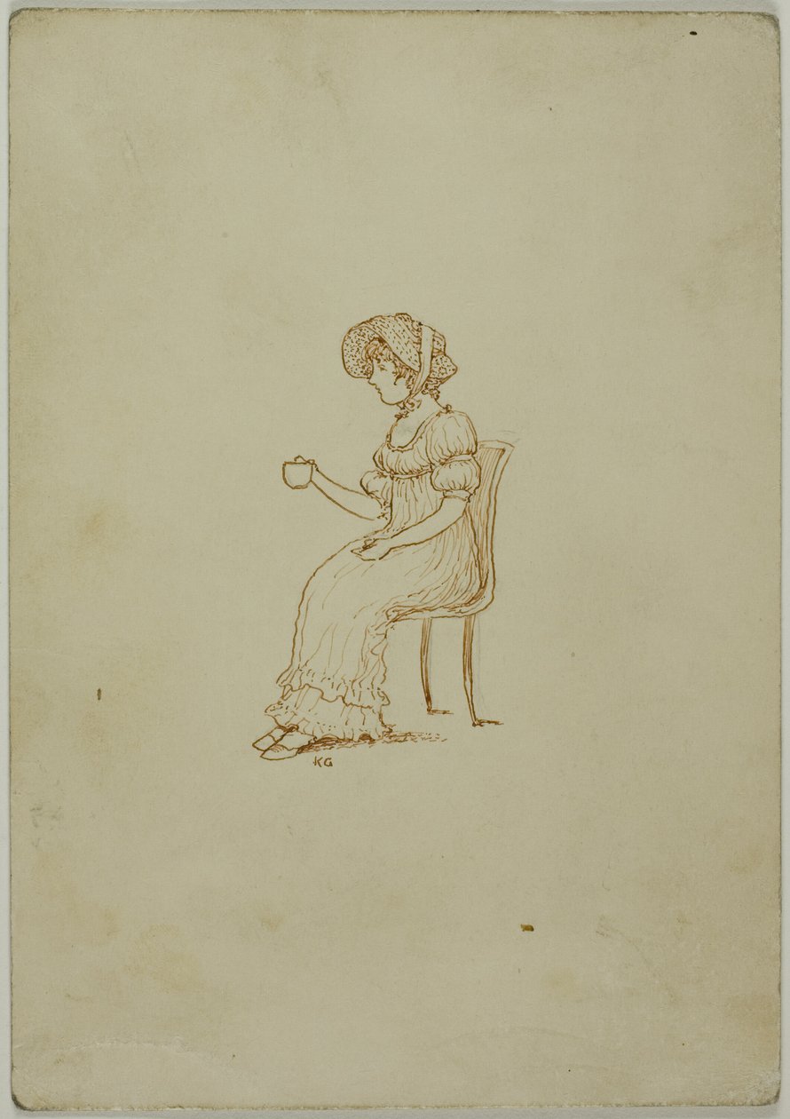 Sedící dívka držící šálek čaje od Kate Greenaway