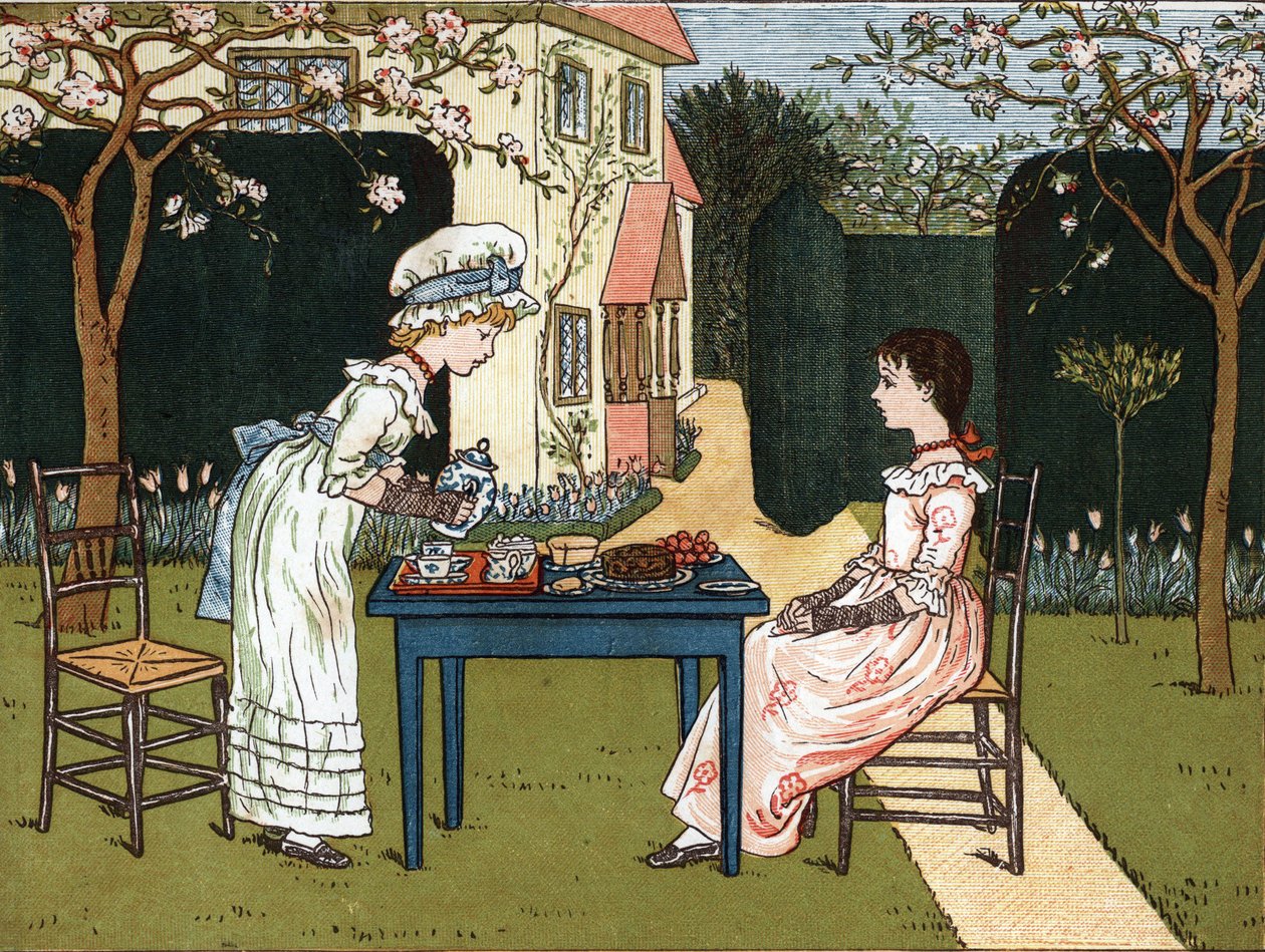 Denní doba: dvě mladé dívky, které to ochutnávají na zahradě. Ilustrace Kate Greenaway (1846-1901) z knihy pohádek a dětských říkanek pro děti „Pod oknem“ (1879), kterou upravil Edmund Evans. od Kate Greenaway