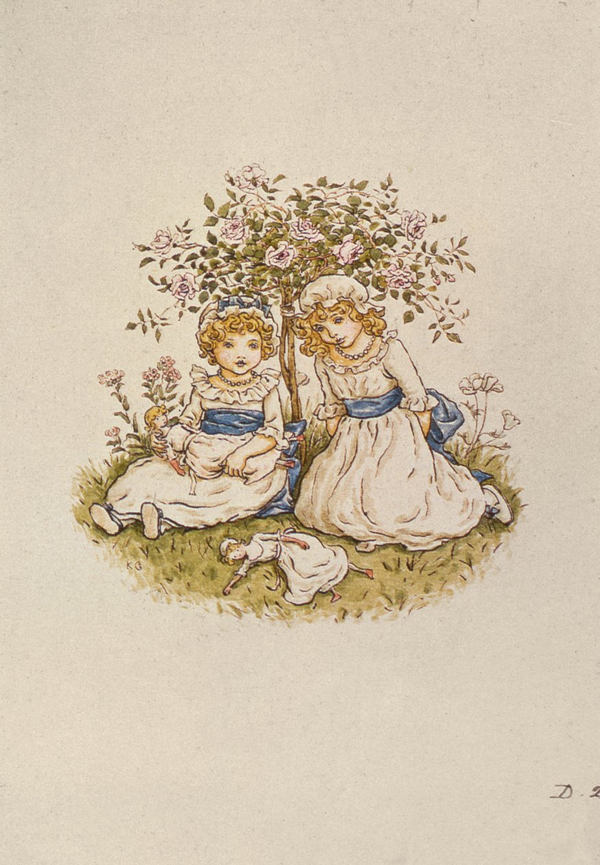 Dvě dívky s panenkami sedící pod růžovým keřem, 19. století od Kate Greenaway
